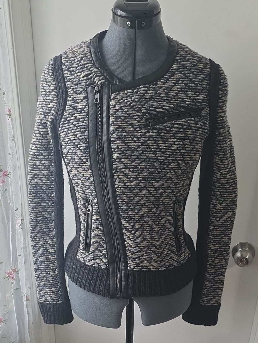 Rag & Bone Samantha Wool Knit Leather Trim Moto Jacket XS Excellent Condition
